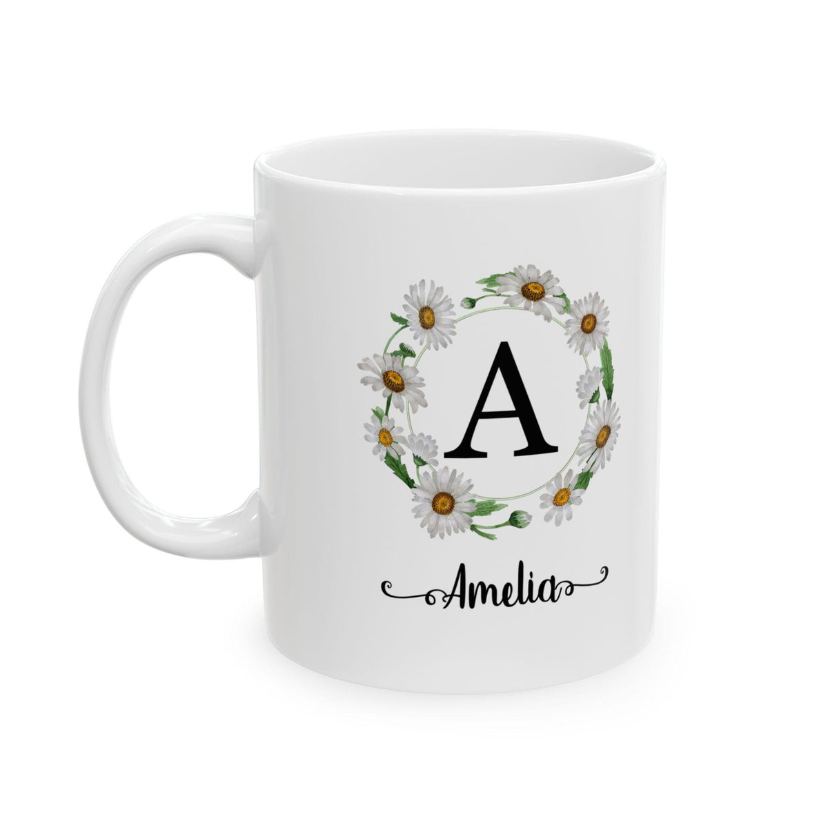 Floral Initial Ceramic Mug: Personalized Daisy Coffee Cup
