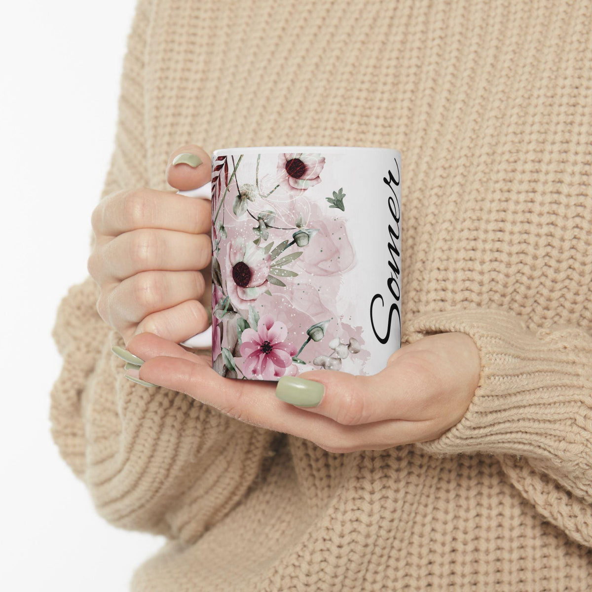 Personalized Floral Ceramic Mug: Custom Name Coffee Cup, Birthday Gift