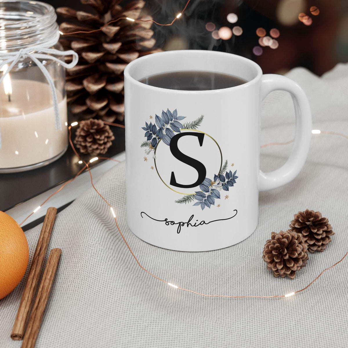 Personalized floral ceramic mug, custom coffee cup gift, flower design, birthday, Mother's Day, housewarming