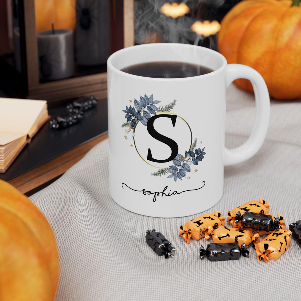 Personalized floral ceramic mug, custom coffee cup gift, flower design, birthday, Mother's Day, housewarming
