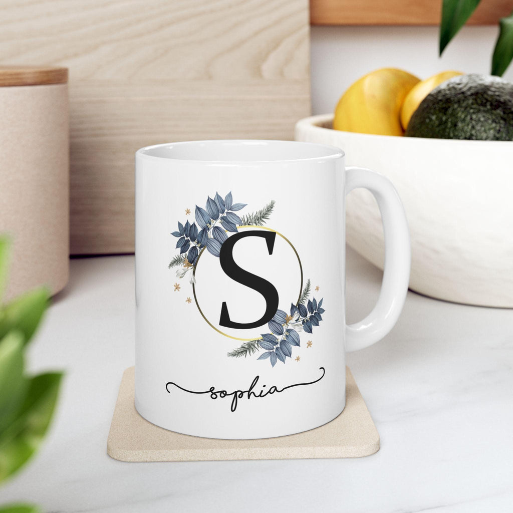 Personalized floral ceramic mug, custom coffee cup gift, flower design, birthday, Mother's Day, housewarming