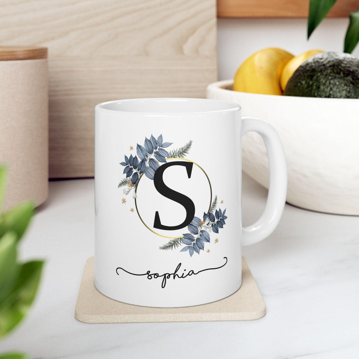 Personalized floral ceramic mug, custom coffee cup gift, flower design, birthday, Mother's Day, housewarming