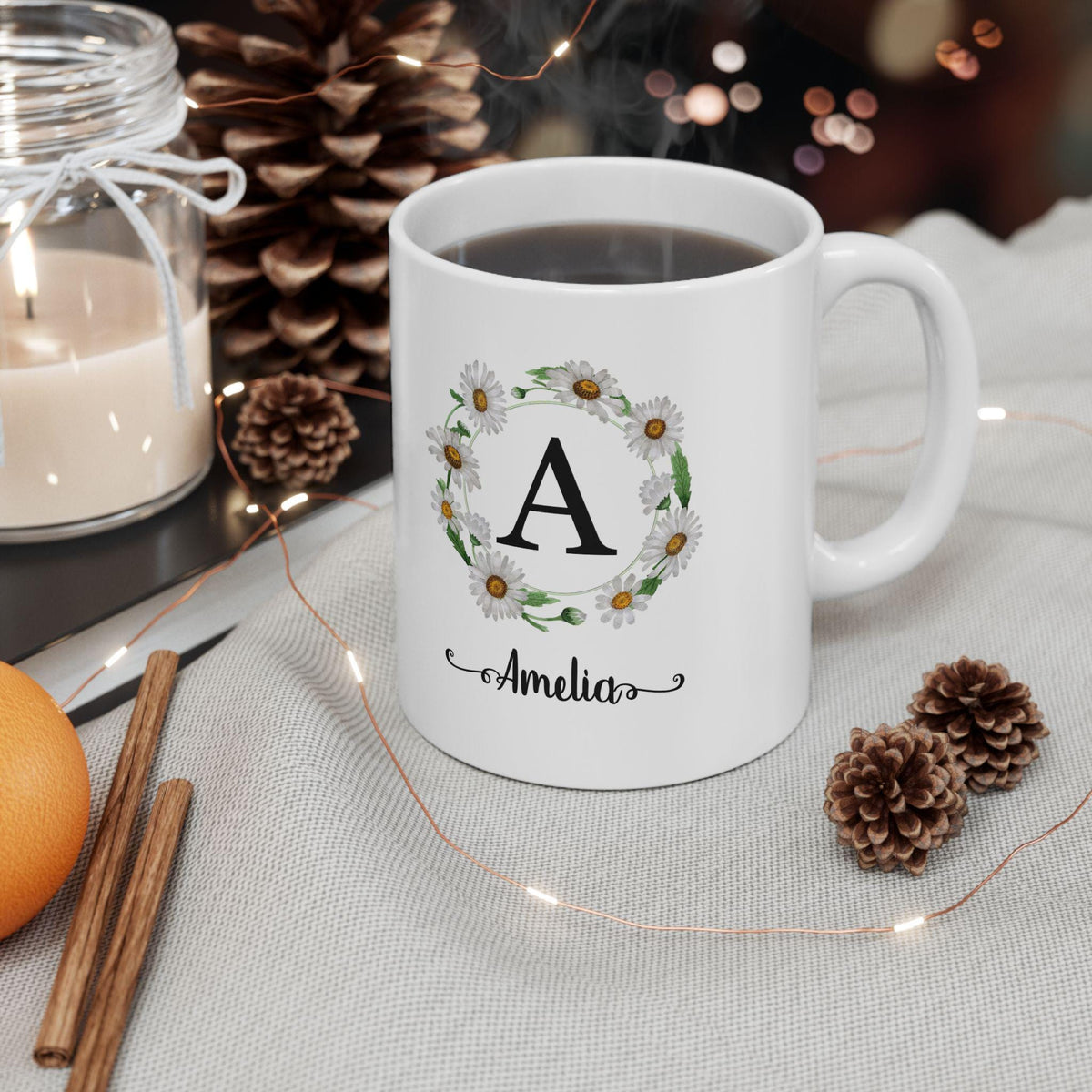 Floral Initial Ceramic Mug: Personalized Daisy Coffee Cup