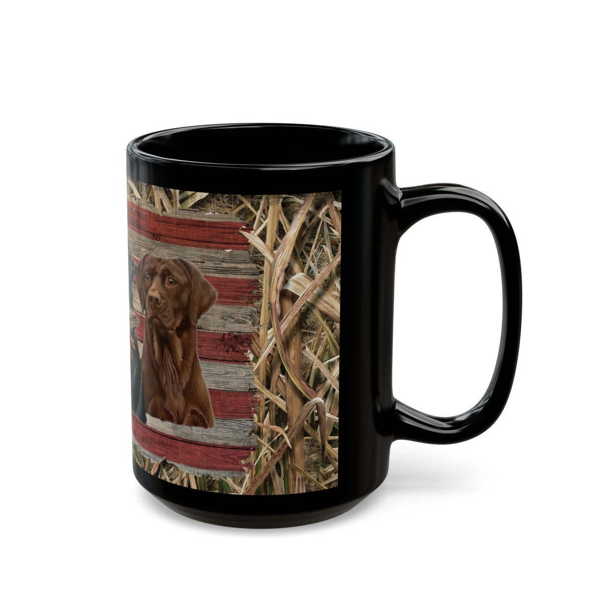 Three Labrador Retrievers with Duck and American Flag Mug | Black Ceramic Mug, duck hunter coffee cup, duck hunter gift