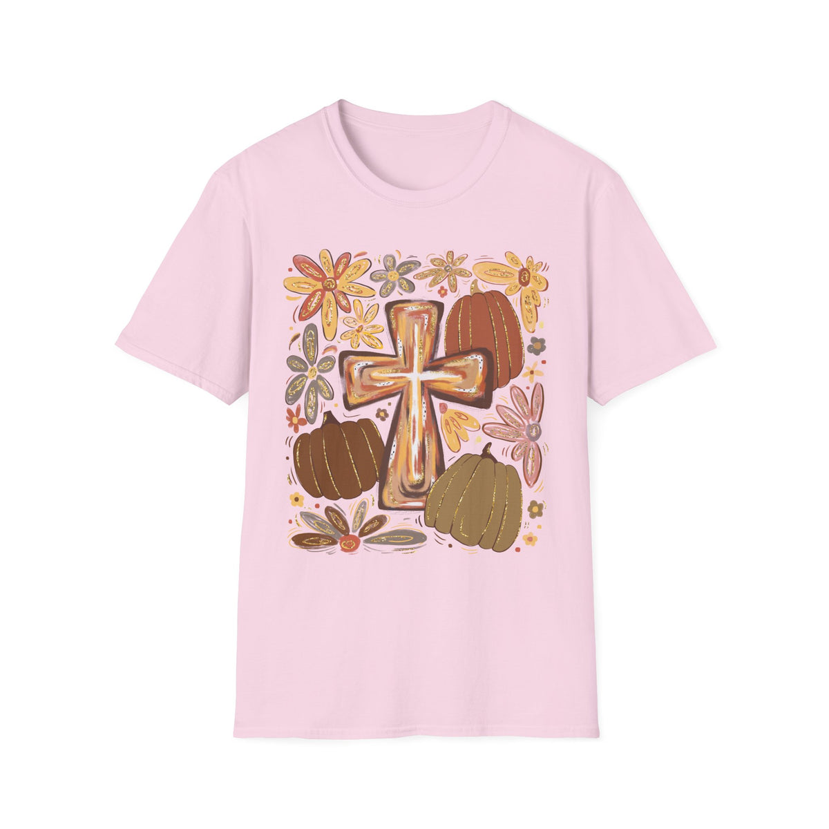 Rustic Cross and Pumpkins T-Shirt | Floral Fall Harvest Tee