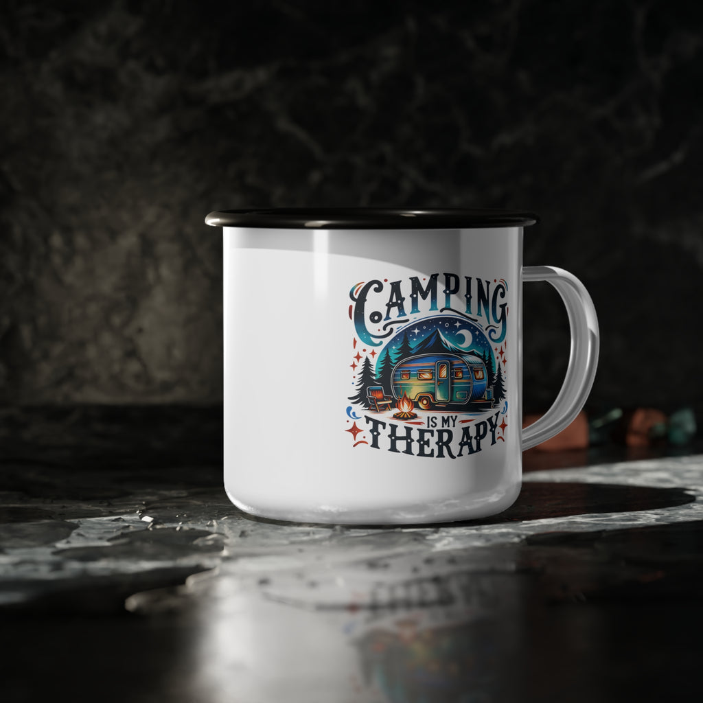 Camping Is My Therapy enamel camp cup | camper trailer, campfire, night sky