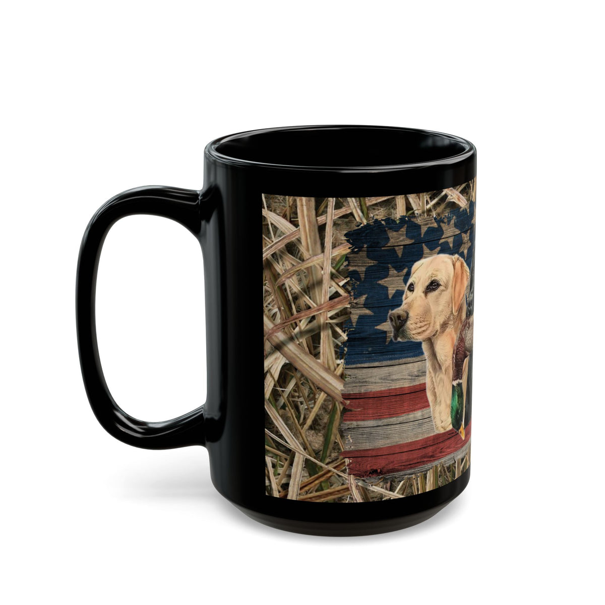 Three Labrador Retrievers with Duck and American Flag Mug | Black Ceramic Mug, duck hunter coffee cup, duck hunter gift