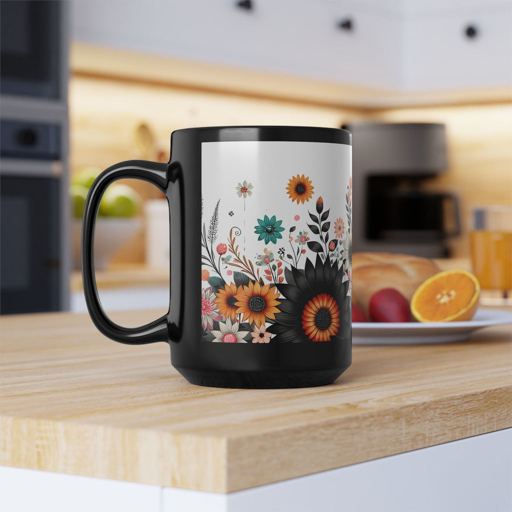Let Them Bloom floral illustration Mug | Black ceramic coffee cup, encouraging coffee cup