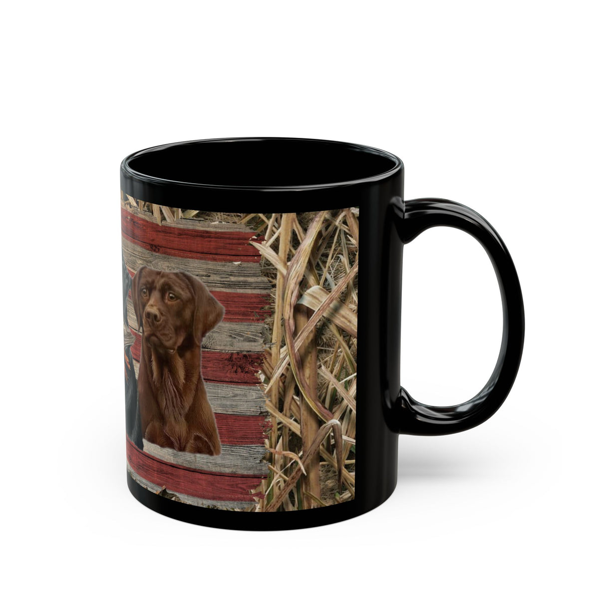Three Labrador Retrievers with Duck and American Flag Mug | Black Ceramic Mug, duck hunter coffee cup, duck hunter gift