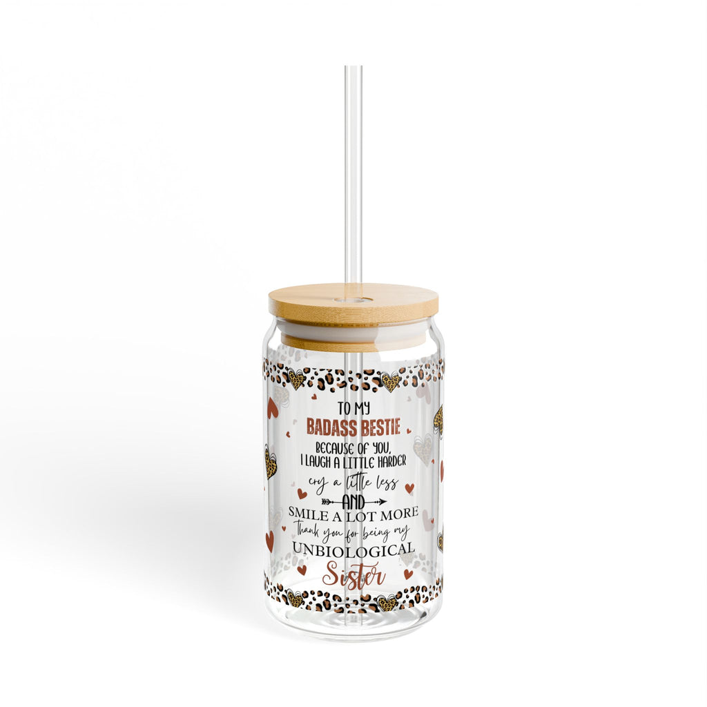 Badass Bessie quote Sipper Glass | 16oz tumbler with straw, heart leopard confetti design