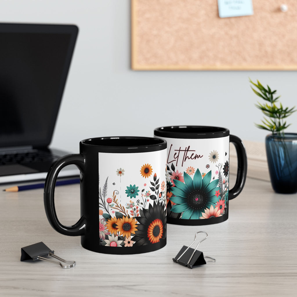 Let Them Bloom floral illustration Mug | Black ceramic coffee cup, encouraging coffee cup