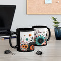 Let Them Bloom floral illustration Mug | Black ceramic coffee cup, encouraging coffee cup