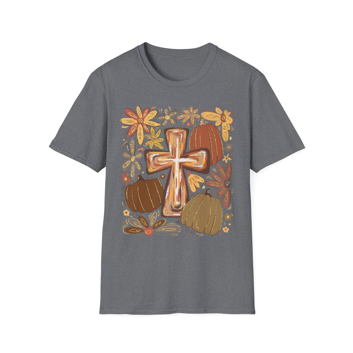Rustic Cross and Pumpkins T-Shirt | Floral Fall Harvest Tee