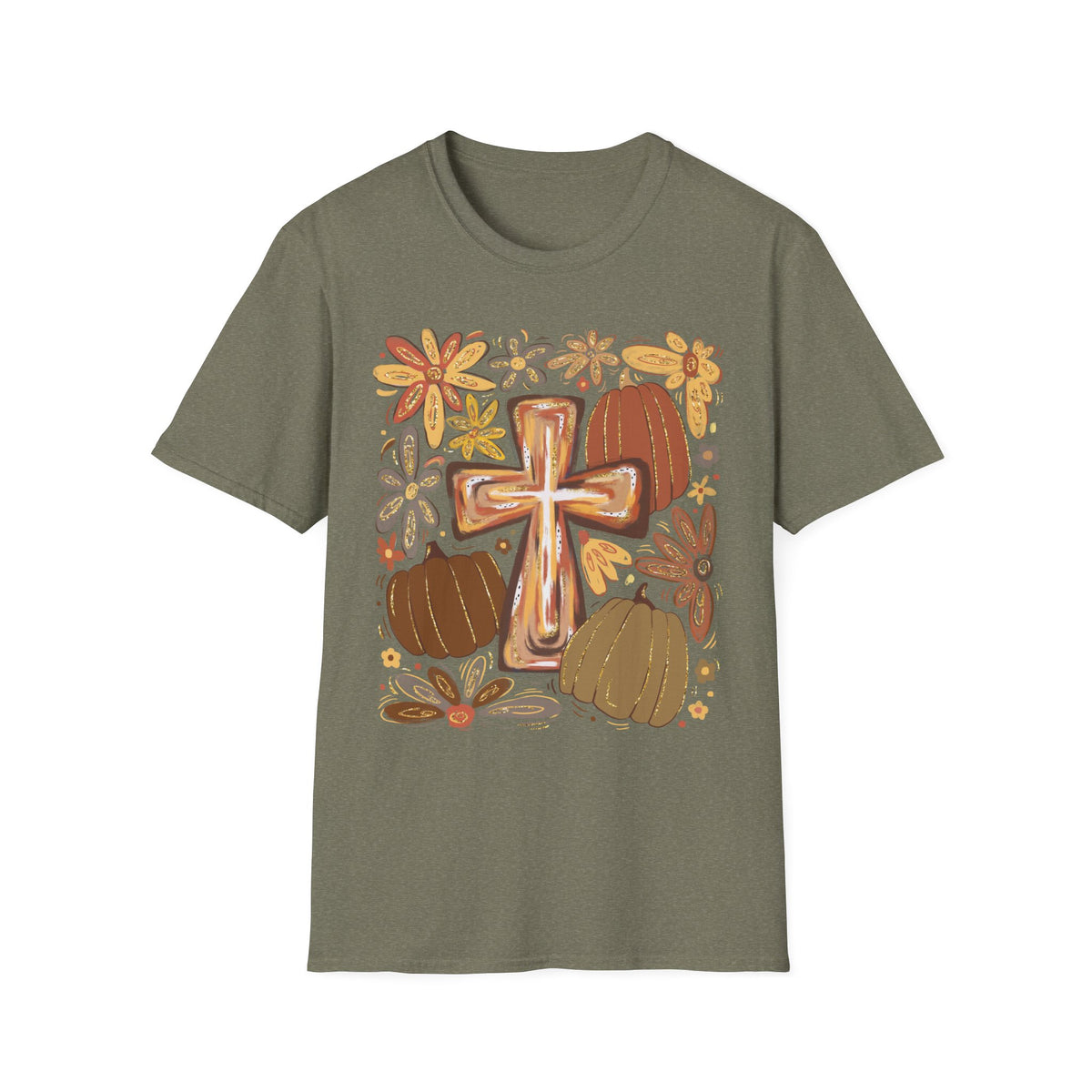 Rustic Cross and Pumpkins T-Shirt | Floral Fall Harvest Tee