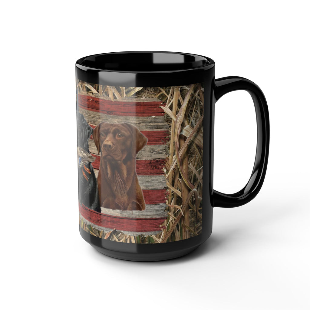 Three Labrador Retrievers with Duck and American Flag Mug | Black Ceramic Mug, duck hunter coffee cup, duck hunter gift