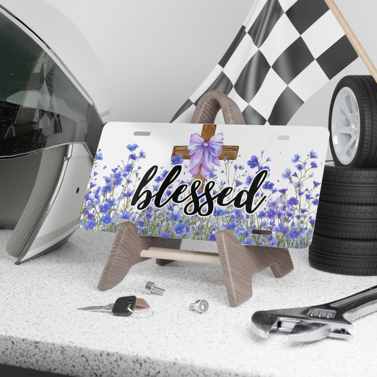 Blessed Cross Floral Vanity Plate | Purple Lavender License Plate