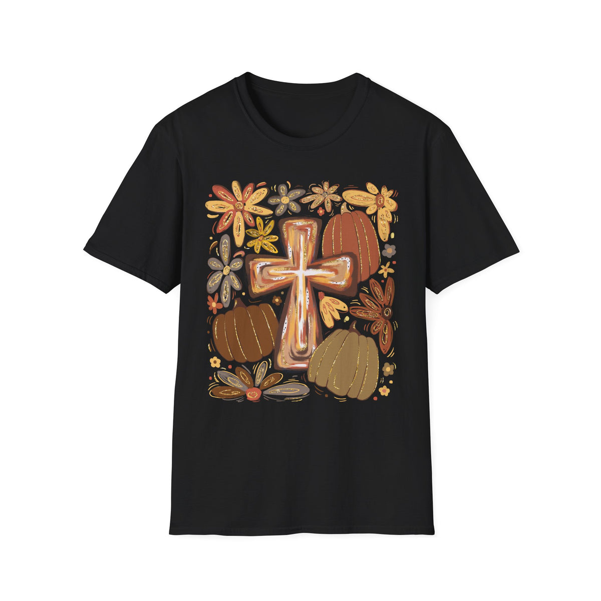 Rustic Cross and Pumpkins T-Shirt | Floral Fall Harvest Tee