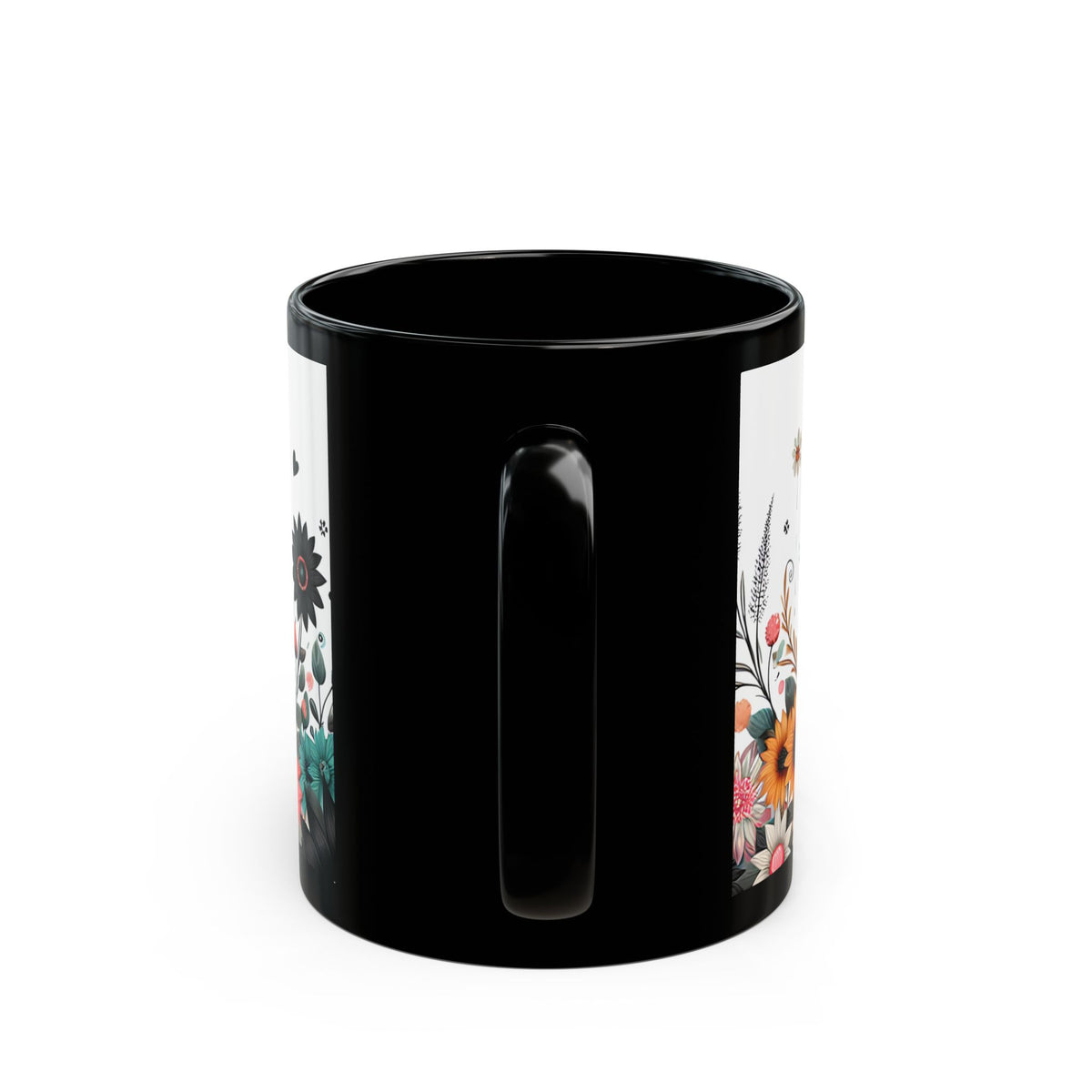 Let Them Bloom floral illustration Mug | Black ceramic coffee cup, encouraging coffee cup
