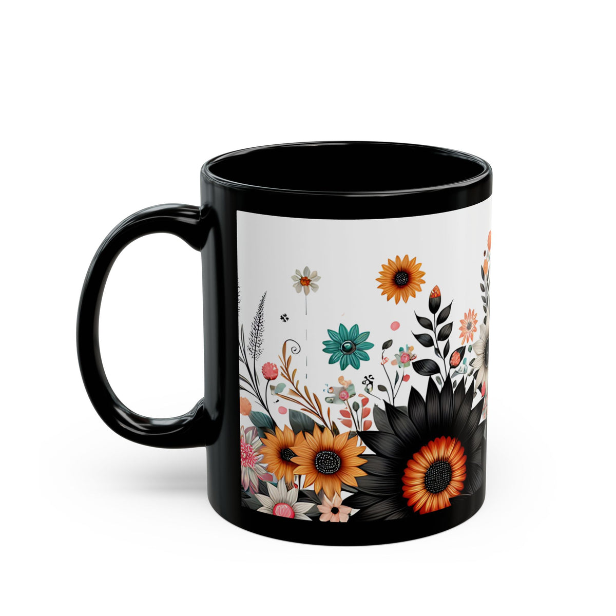 Let Them Bloom floral illustration Mug | Black ceramic coffee cup, encouraging coffee cup