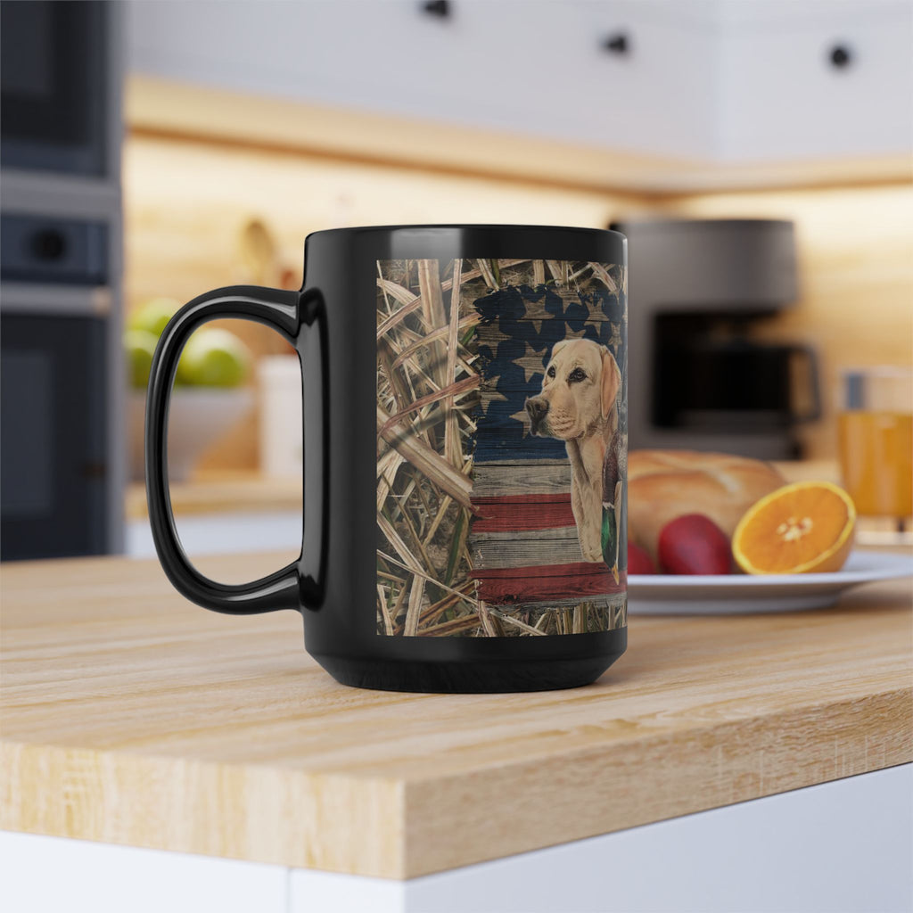 Three Labrador Retrievers with Duck and American Flag Mug | Black Ceramic Mug, duck hunter coffee cup, duck hunter gift
