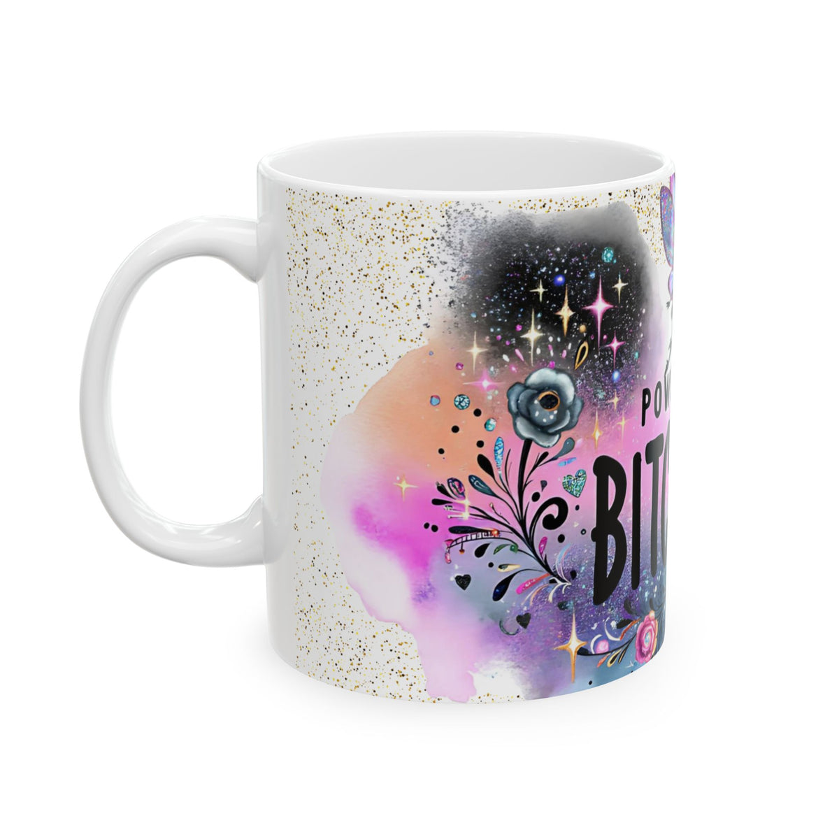 Powered By Bitchdust Mug | Fairy Silhouette, Glitter Floral Coffee Cup