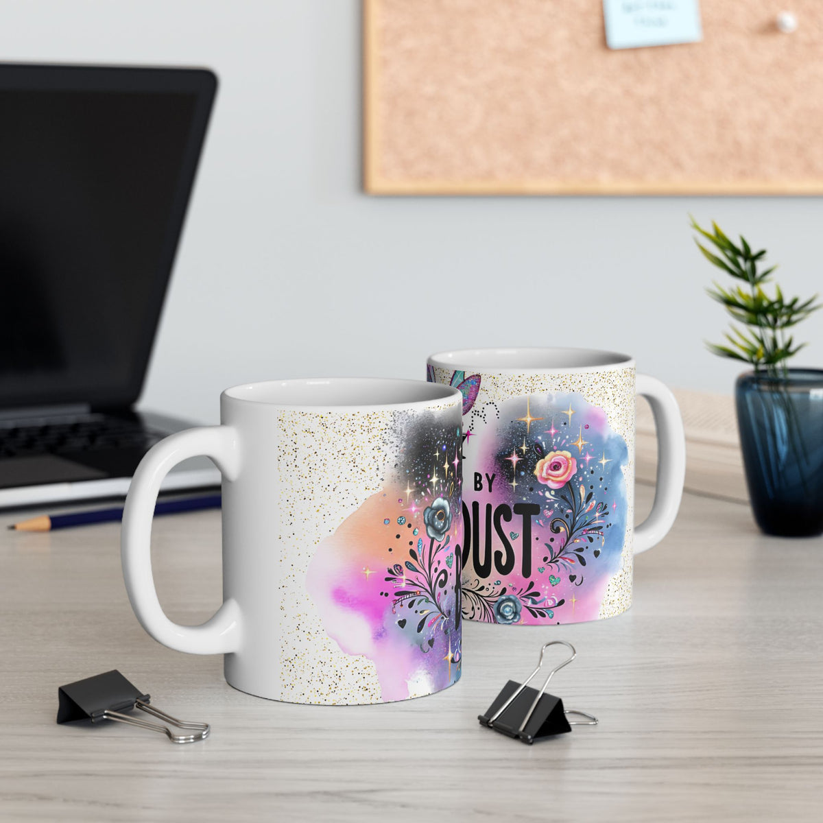 Powered By Bitchdust Mug | Fairy Silhouette, Glitter Floral Coffee Cup