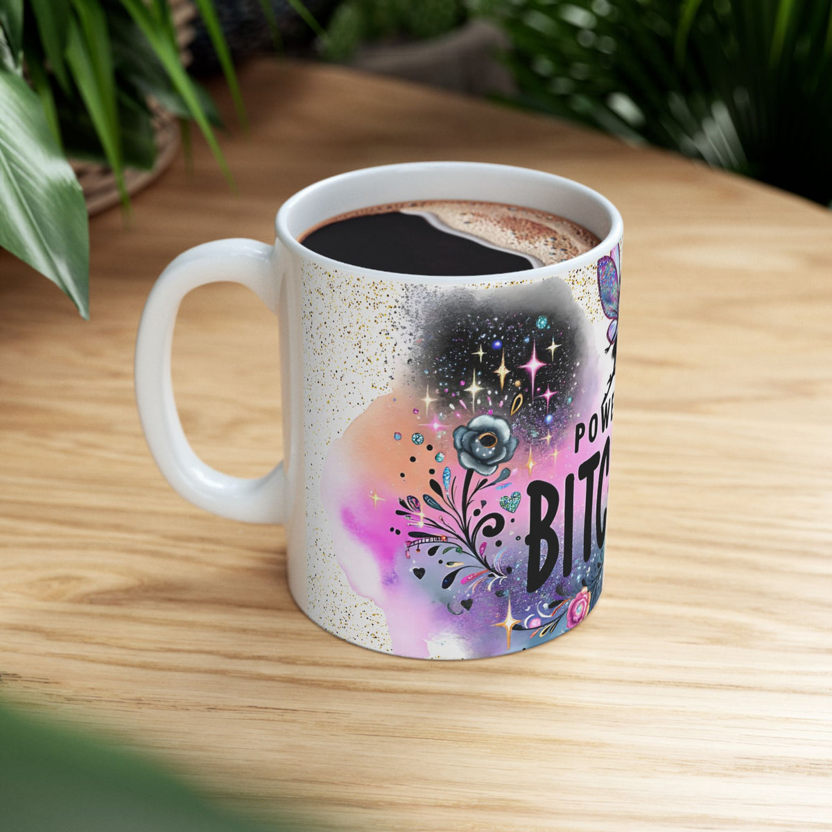 Powered By Bitchdust Mug | Fairy Silhouette, Glitter Floral Coffee Cup