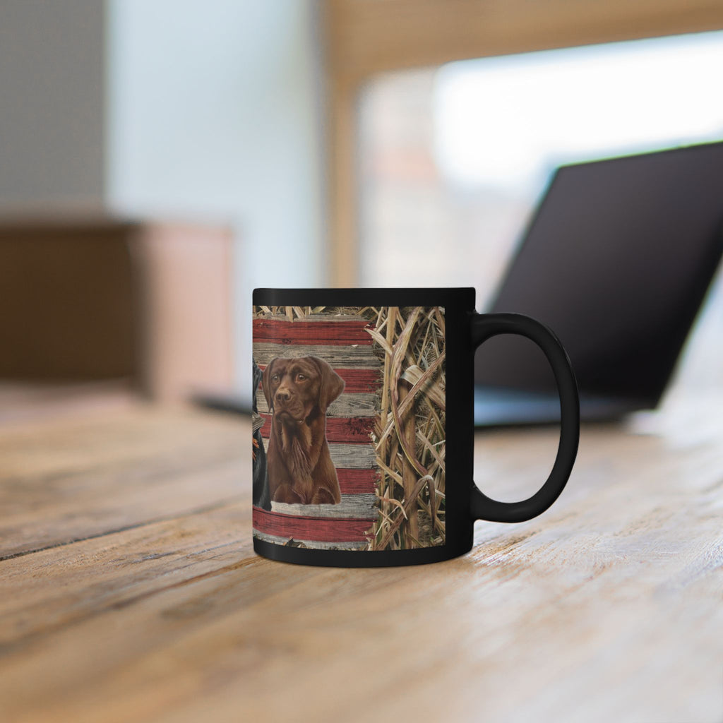 Three Labrador Retrievers with Duck and American Flag Mug | Black Ceramic Mug, duck hunter coffee cup, duck hunter gift