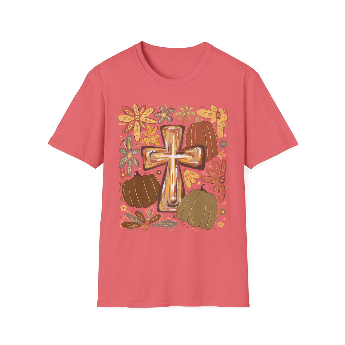 Rustic Cross and Pumpkins T-Shirt | Floral Fall Harvest Tee