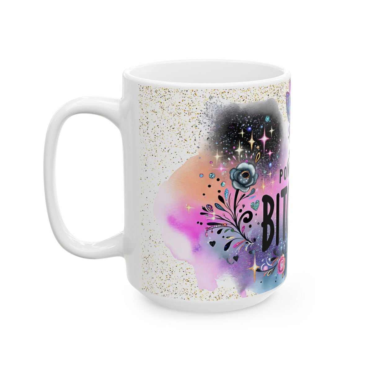 Powered By Bitchdust Mug | Fairy Silhouette, Glitter Floral Coffee Cup