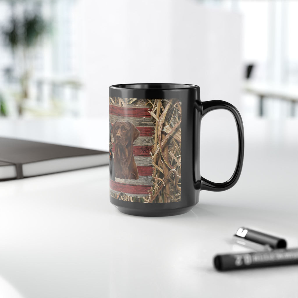 Three Labrador Retrievers with Duck and American Flag Mug | Black Ceramic Mug, duck hunter coffee cup, duck hunter gift