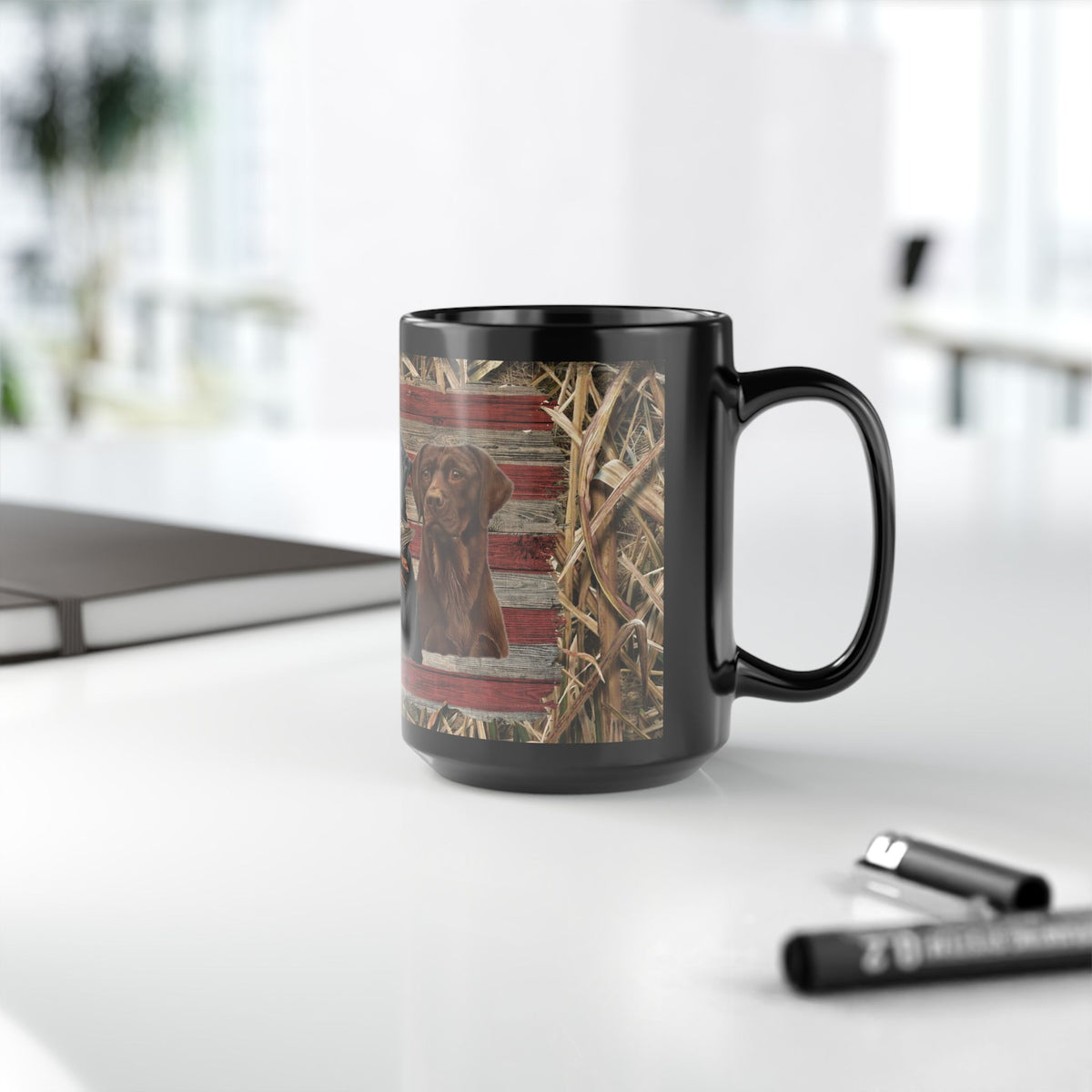 Three Labrador Retrievers with Duck and American Flag Mug | Black Ceramic Mug, duck hunter coffee cup, duck hunter gift