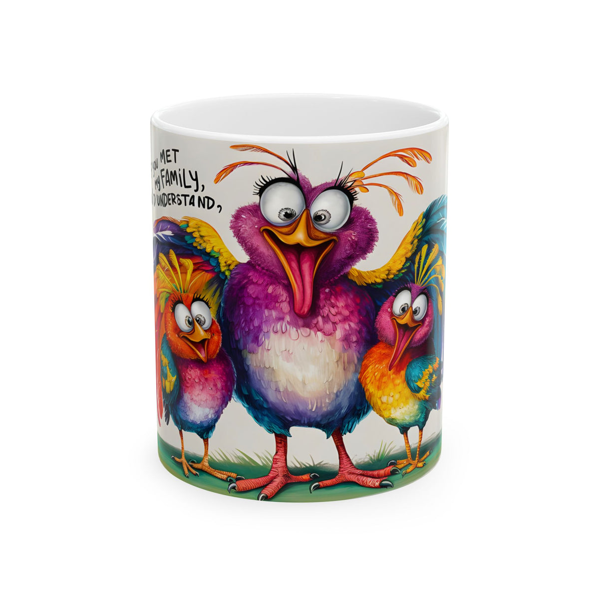 Colorful Silly Birds Mug | Whimsical Cartoon Bird Illustration Ceramic Mug