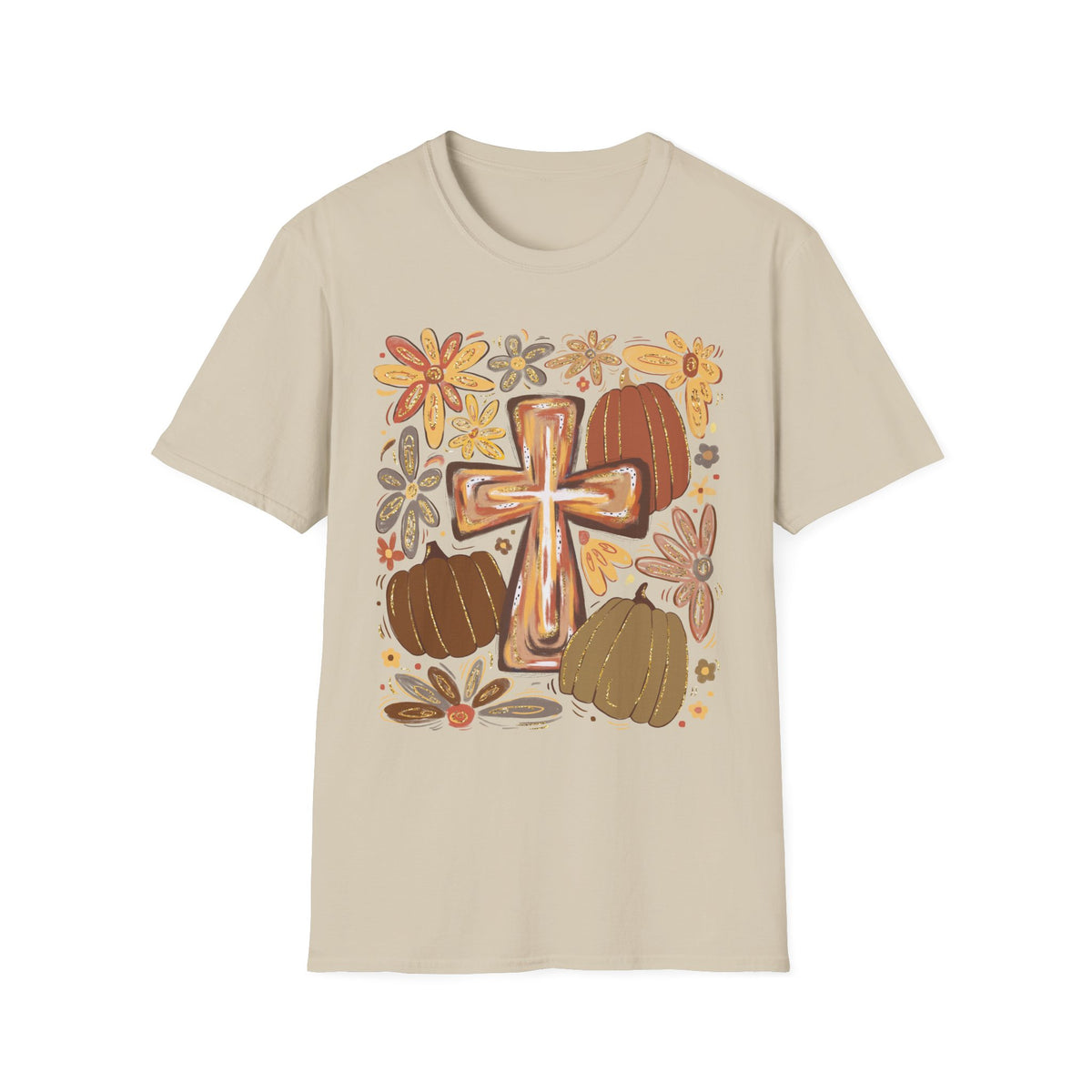 Rustic Cross and Pumpkins T-Shirt | Floral Fall Harvest Tee