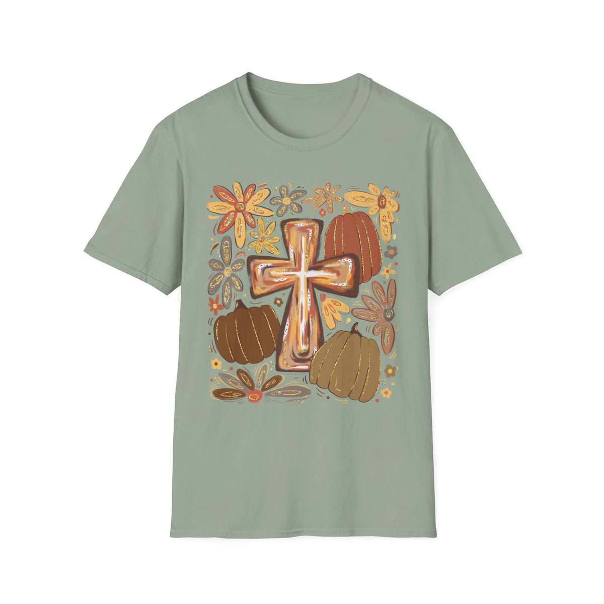 Rustic Cross and Pumpkins T-Shirt | Floral Fall Harvest Tee