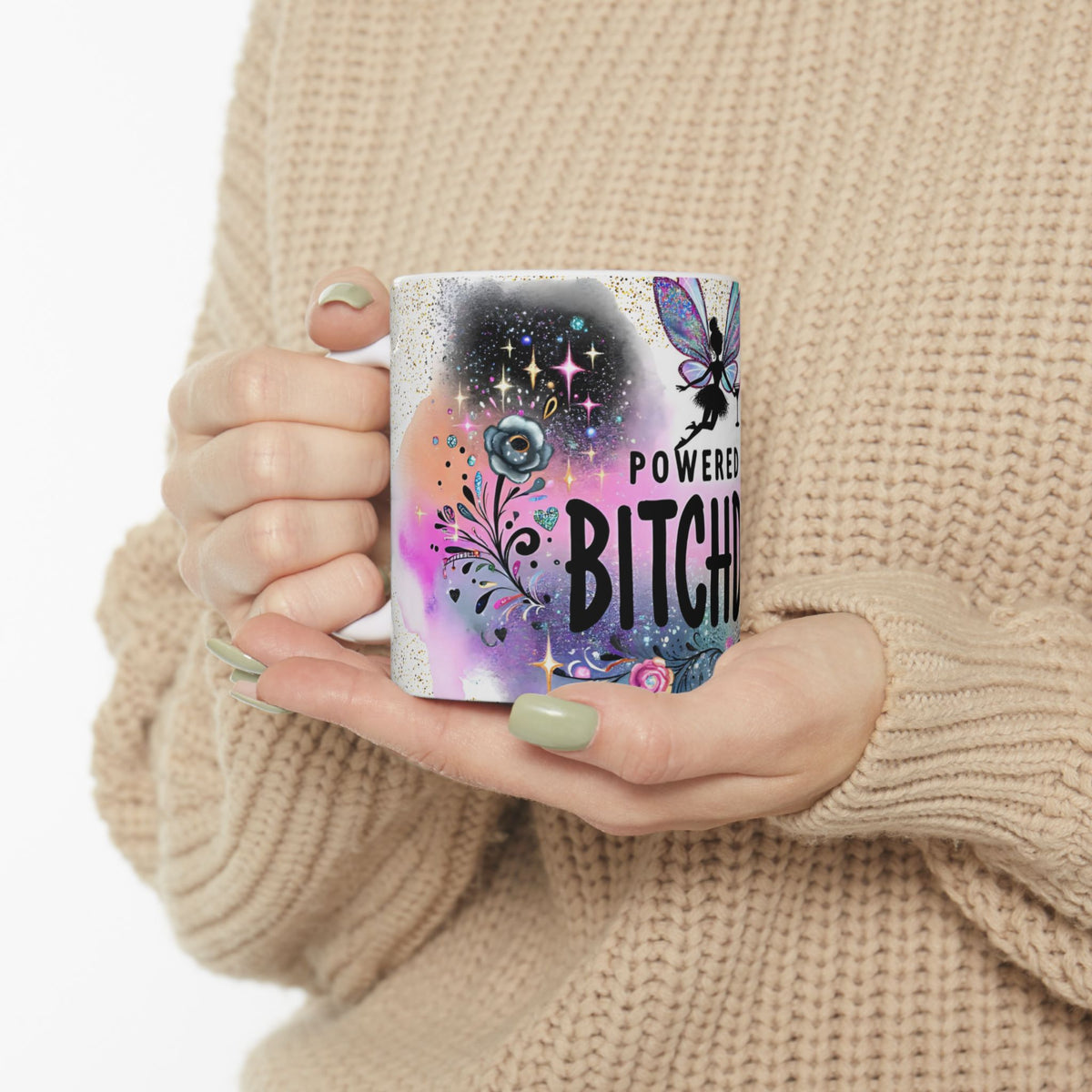 Powered By Bitchdust Mug | Fairy Silhouette, Glitter Floral Coffee Cup