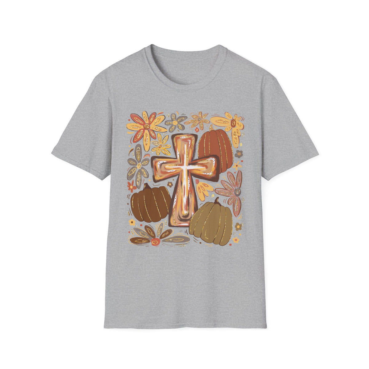 Rustic Cross and Pumpkins T-Shirt | Floral Fall Harvest Tee