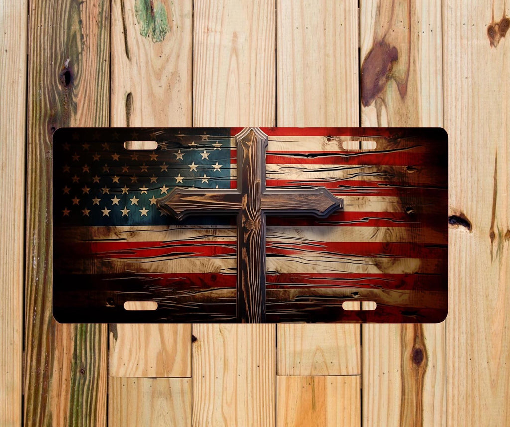 American Flag License Plate with Wood Cross: Patriotic Car Decor