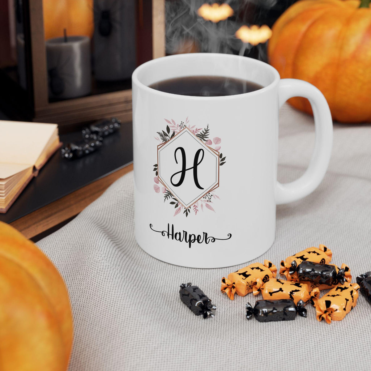Personalized Floral Ceramic Coffee Mug: Elegant Custom Drinkware