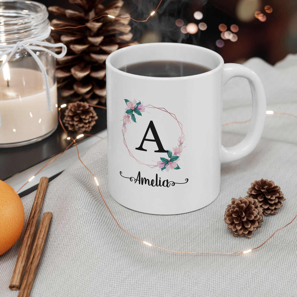 Personalized Floral Wreath Ceramic Mug - Custom Name Tea Cup