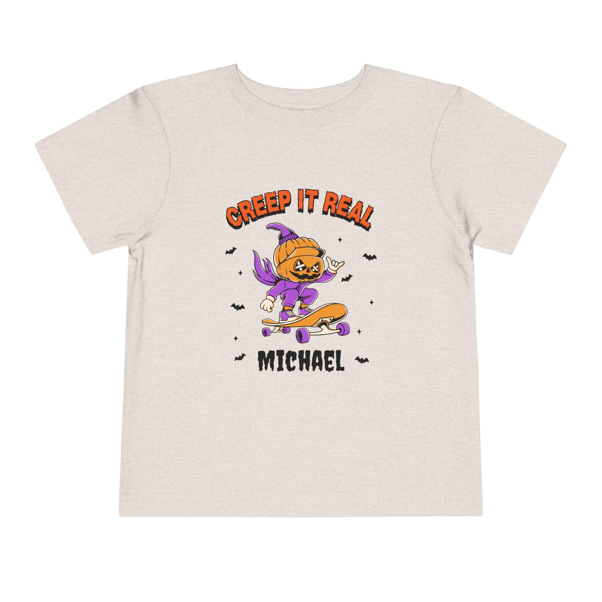 Personalized Halloween Toddler Tee: Creepy Pumpkin Witch Skateboard Design