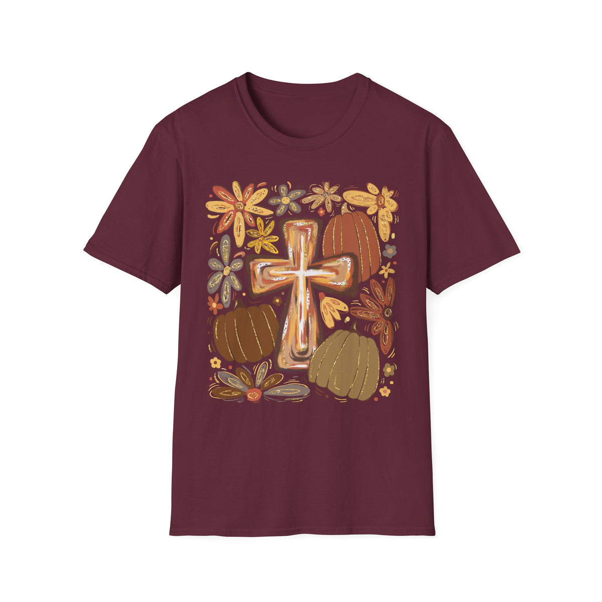 Rustic Cross and Pumpkins T-Shirt | Floral Fall Harvest Tee