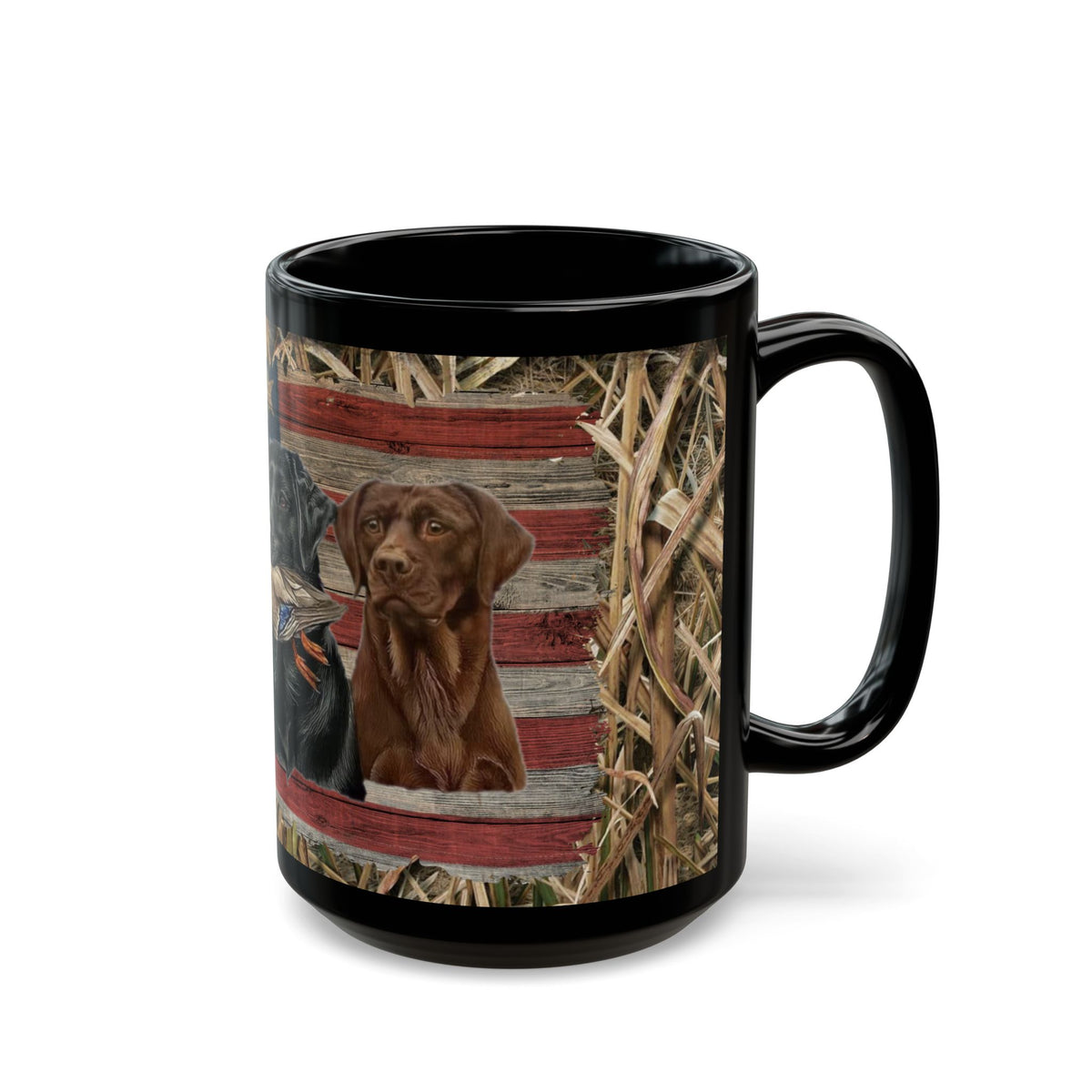 Three Labrador Retrievers with Duck and American Flag Mug | Black Ceramic Mug, duck hunter coffee cup, duck hunter gift