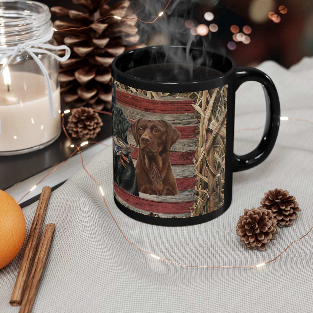 Three Labrador Retrievers with Duck and American Flag Mug | Black Ceramic Mug, duck hunter coffee cup, duck hunter gift