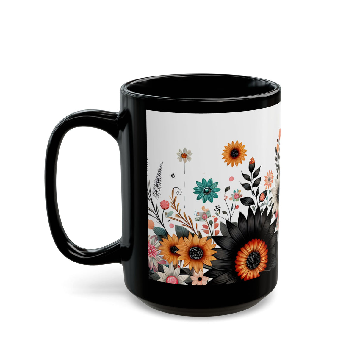 Let Them Bloom floral illustration Mug | Black ceramic coffee cup, encouraging coffee cup