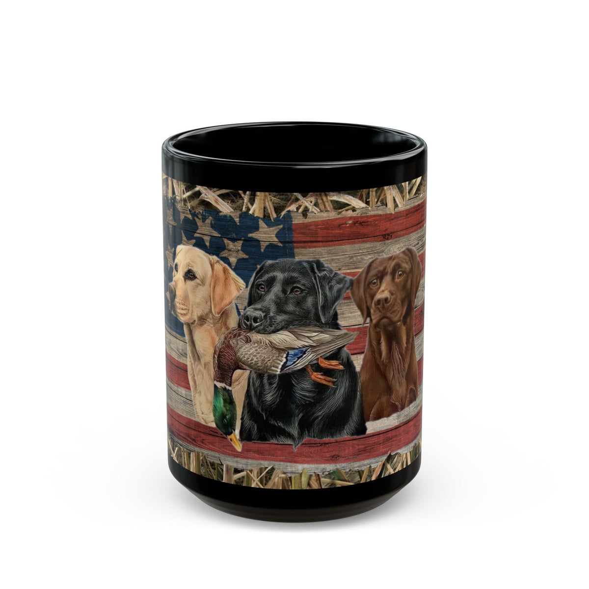 Three Labrador Retrievers with Duck and American Flag Mug | Black Ceramic Mug, duck hunter coffee cup, duck hunter gift