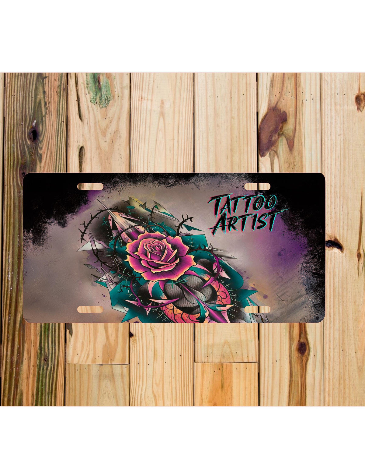 Tattoo Artist License Plate: Rose & Machine Car Accessory