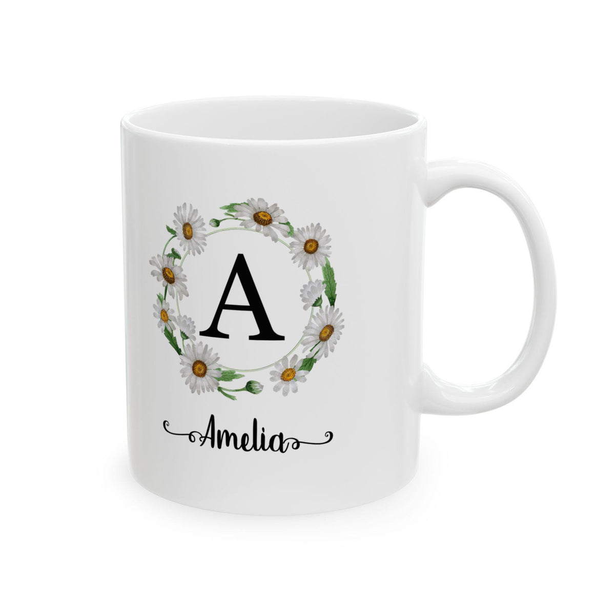 Floral Initial Ceramic Mug: Personalized Daisy Coffee Cup