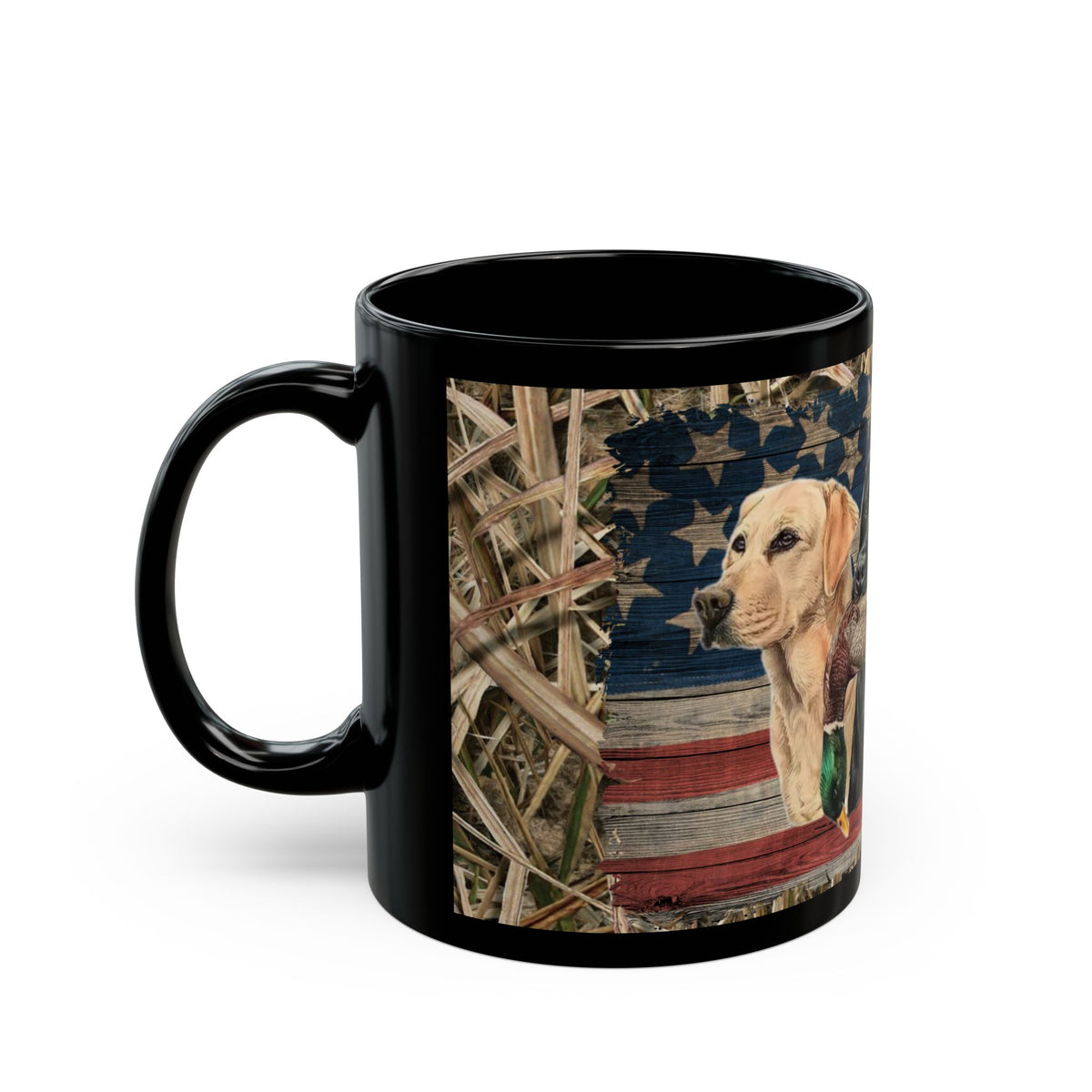 Three Labrador Retrievers with Duck and American Flag Mug | Black Ceramic Mug, duck hunter coffee cup, duck hunter gift