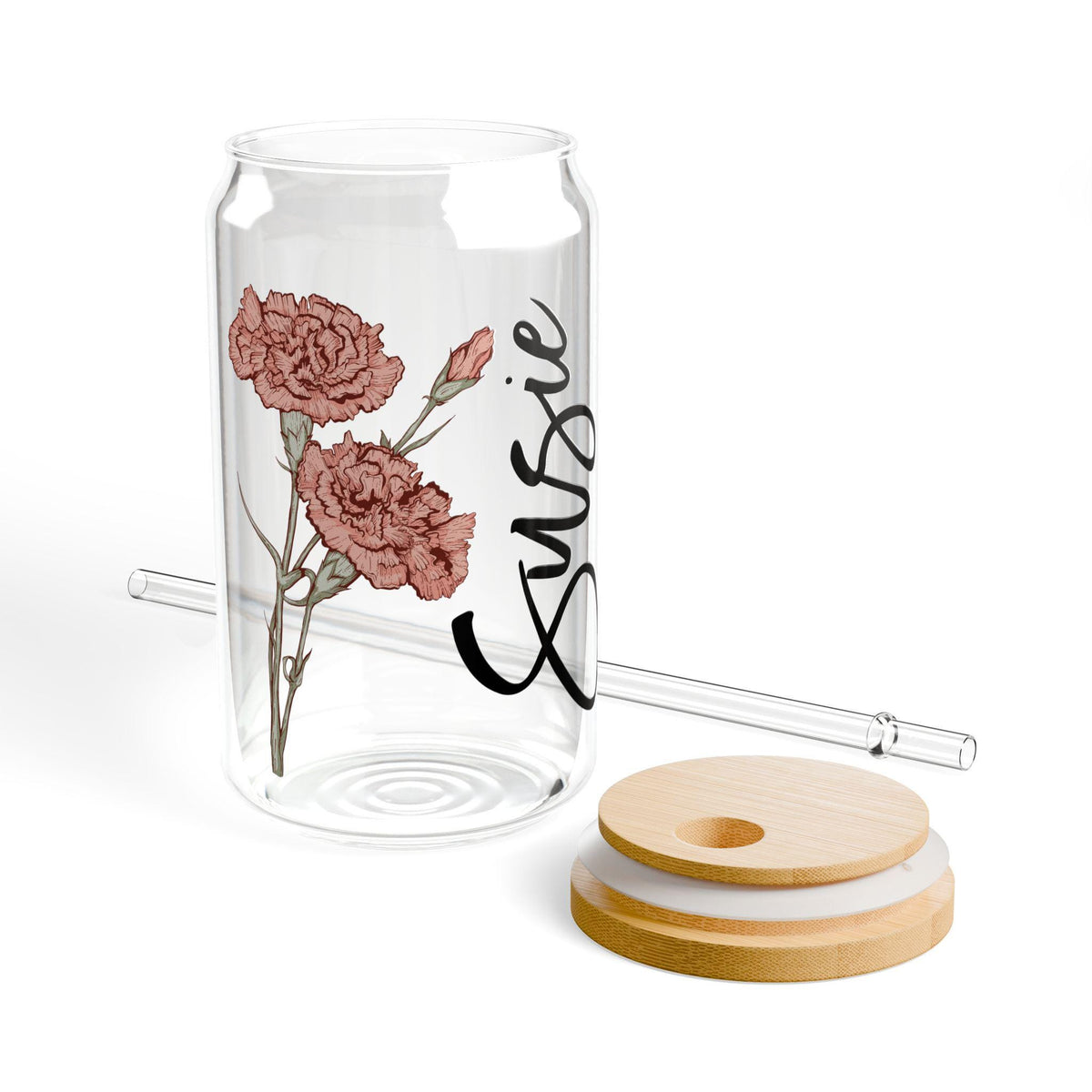 Birth Flower Name Sipper Glass Cup with Bamboo Lid, Personalized Floral Tumbler, 16oz Reusable Drinkware, Custom Gift for Plant Lover